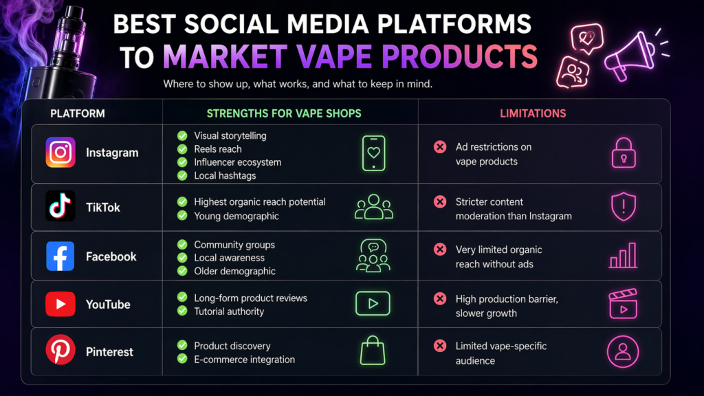Platform Strengths for Vape Shops Limitations Instagram Visual storytelling, Reels reach, influencer ecosystem, local hashtags Ad restrictions on vape products TikTok Highest organic reach potential, young demographic Stricter content moderation than Instagram Facebook Community groups, local awareness, older demographic Very limited organic reach without ads YouTube Long-form product reviews, tutorial authority High production barrier, slower growth Pinterest Product discovery, e-commerce integration Limited vape-specific audience